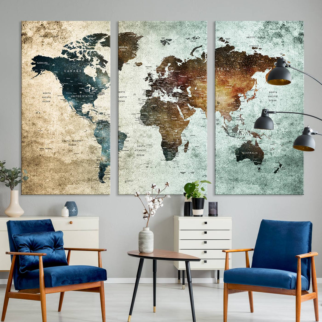 The Push Pin World Map Canvas Print serves as an ideal piece of wall art for travel lovers, showcasing vibrant colors and intricate details.