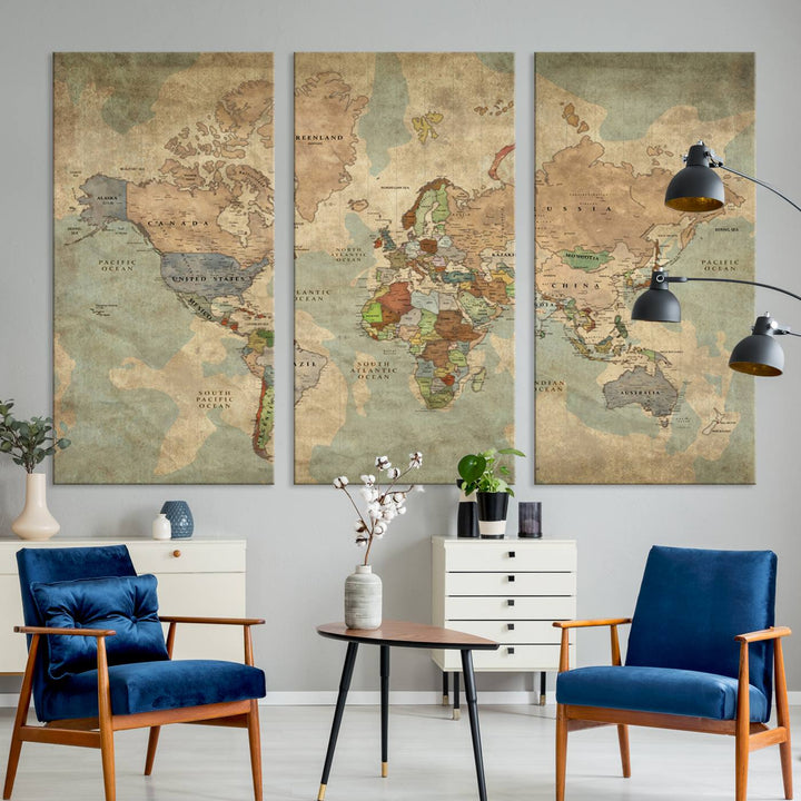 Vintage World Map Canvas Wall Art – Antique Triptych Map Print – Rustic Global Decor for Living Room or Office – Ready to Hang