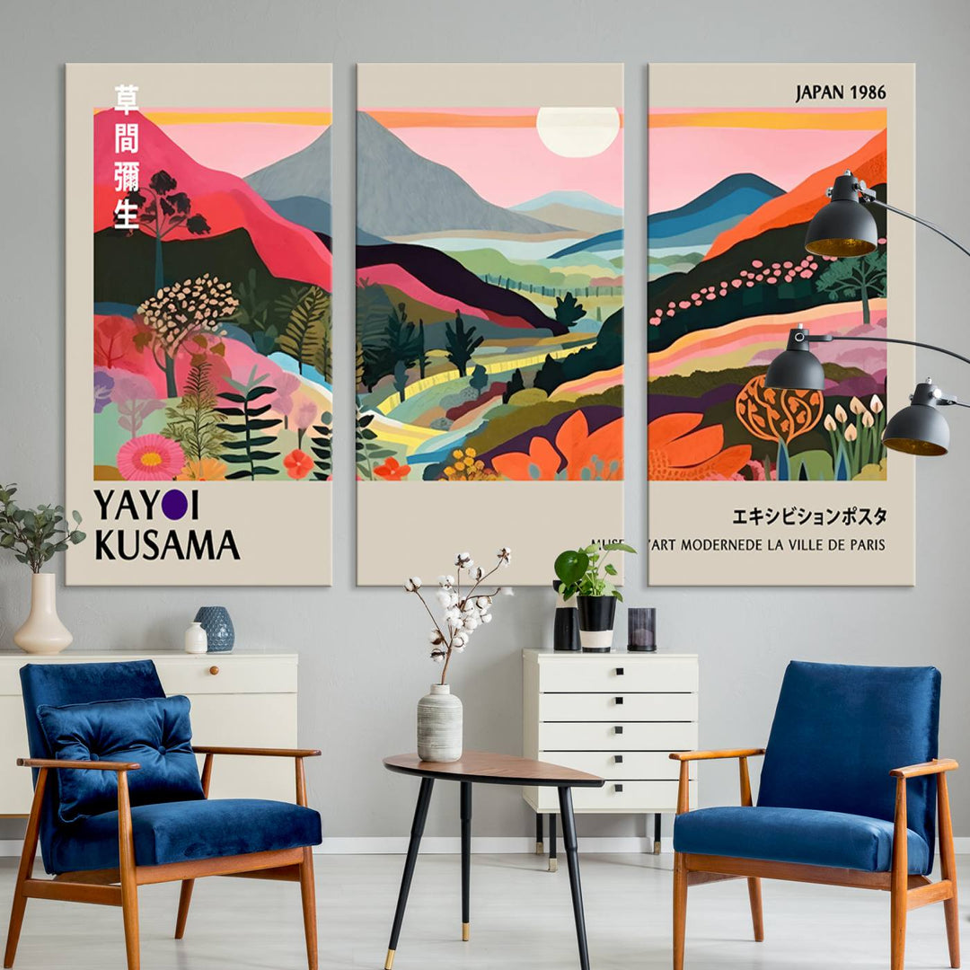 Vibrant abstract landscape canvas inspired by Yayoi Kusama, featuring mountains, trees, and flowers in a triptych style.