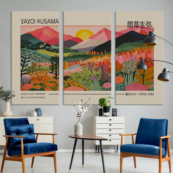 A vibrant abstract triptych features mountains, a sun, and plants in Yayoi Kusamas style with Japanese and French text included.