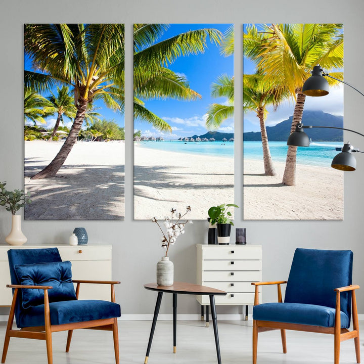 Blue Beach and Sea Wall Art Canvas Print: showcases a tropical scene with palm trees, white sand, and turquoise water.