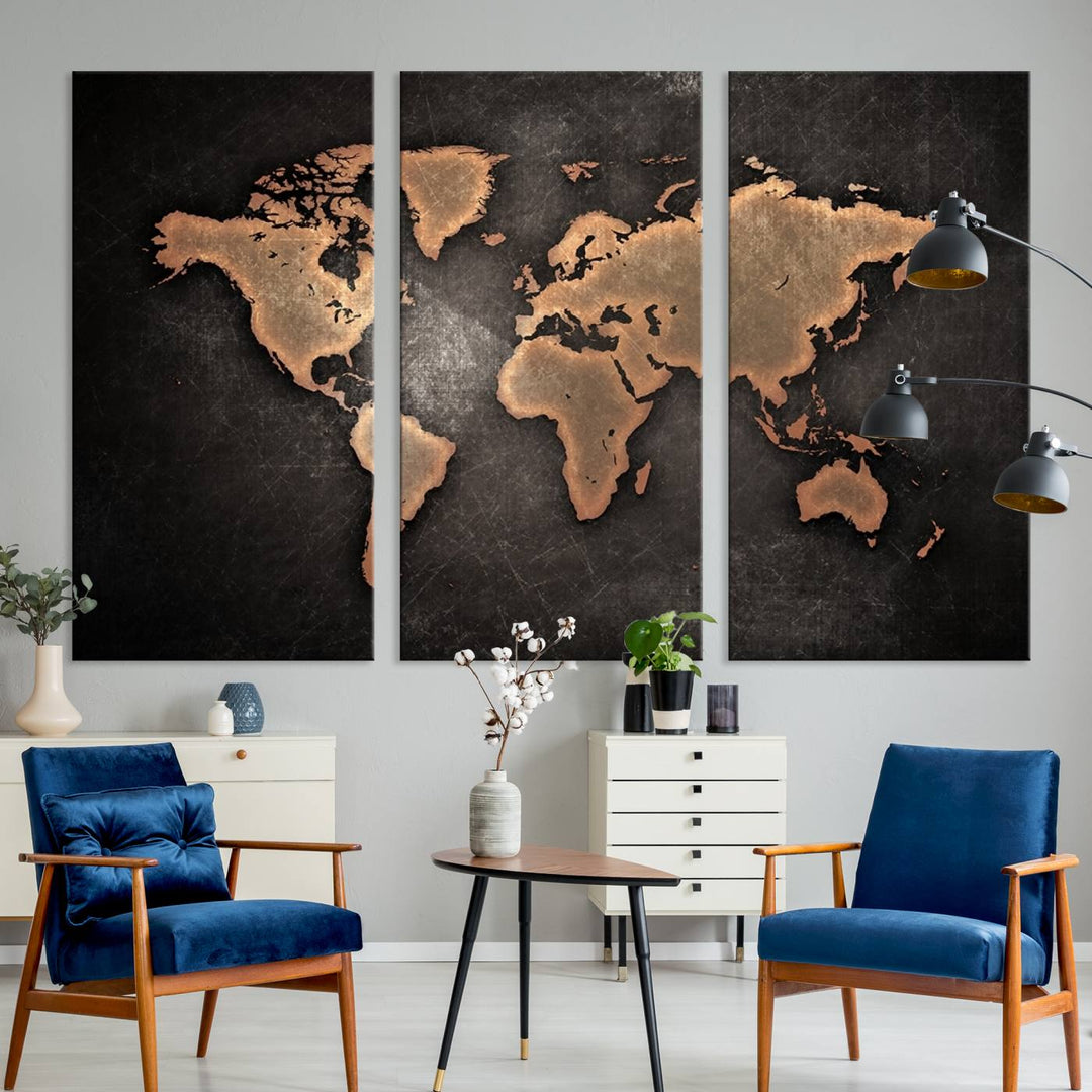 The Modern World Map on a metallic black canvas creates a striking effect.