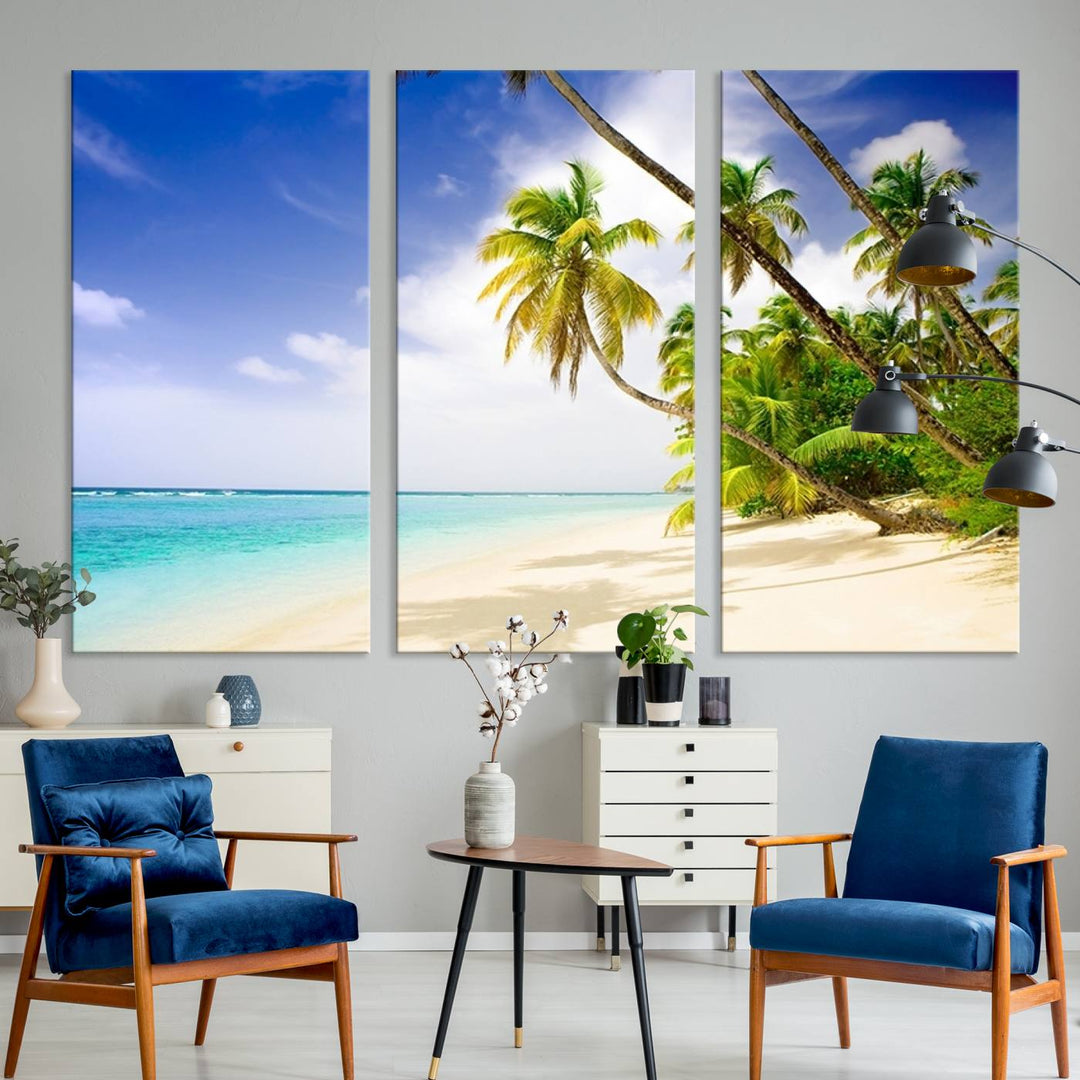 Tropical Beach Canvas: Palm Trees & White Sand Shore Decor, Vibrant Coastal Print, Ready to Hang.