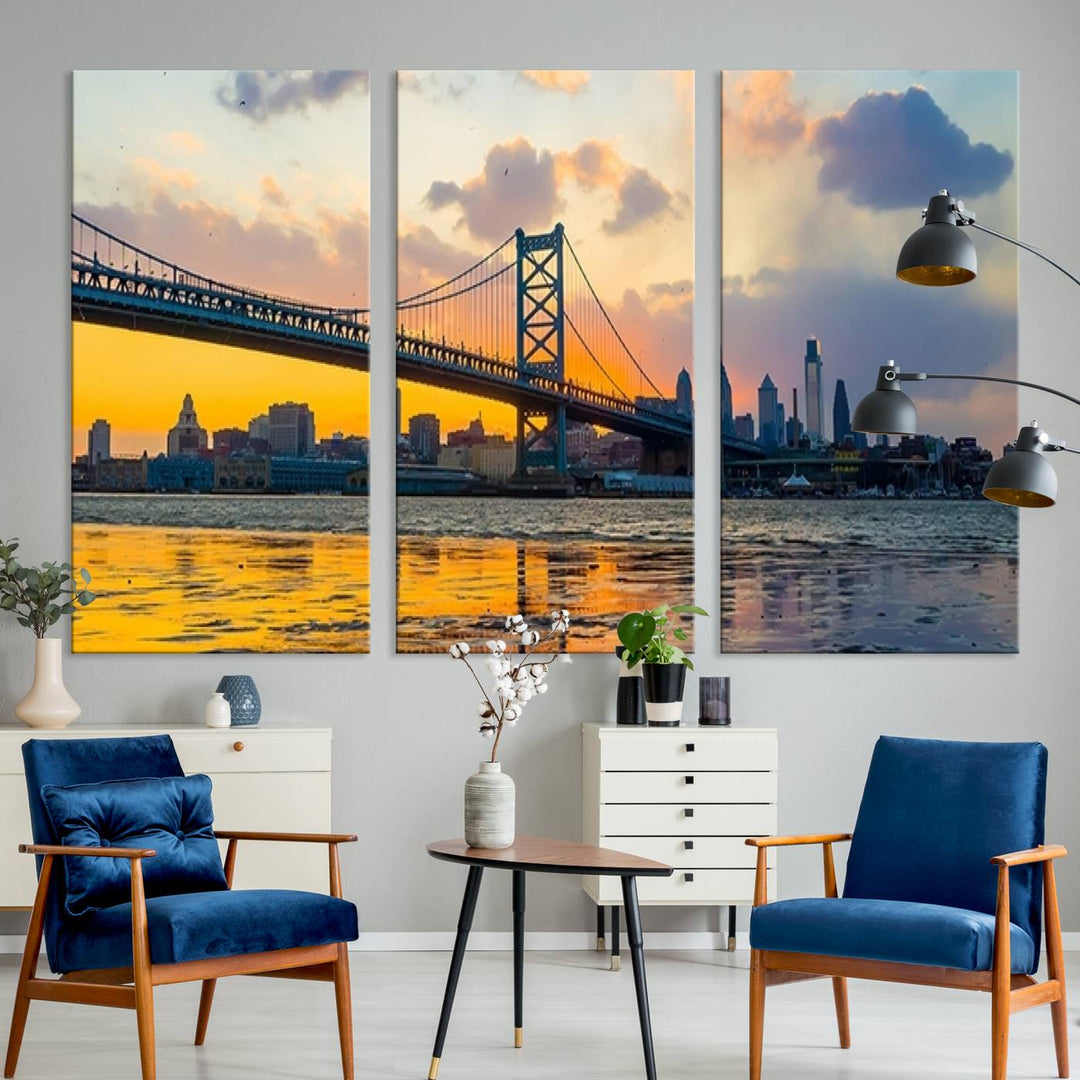 Ben Franklin Bridge Wall Art Print – Philadelphia Skyline Sunset Canvas Print.