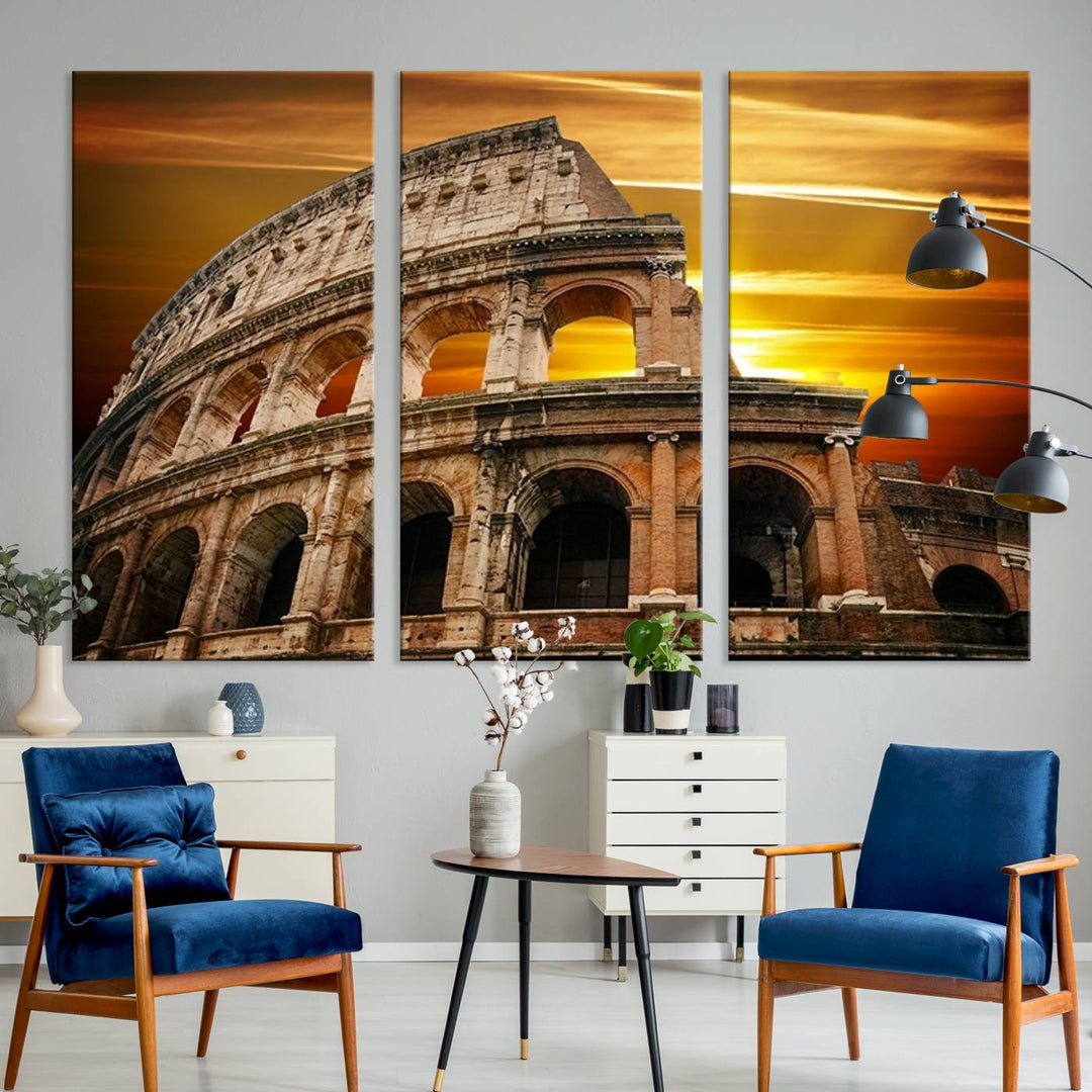 On the wall, theres a piece of art titled Colosseum with Yellow Sunset Behind, Italy.