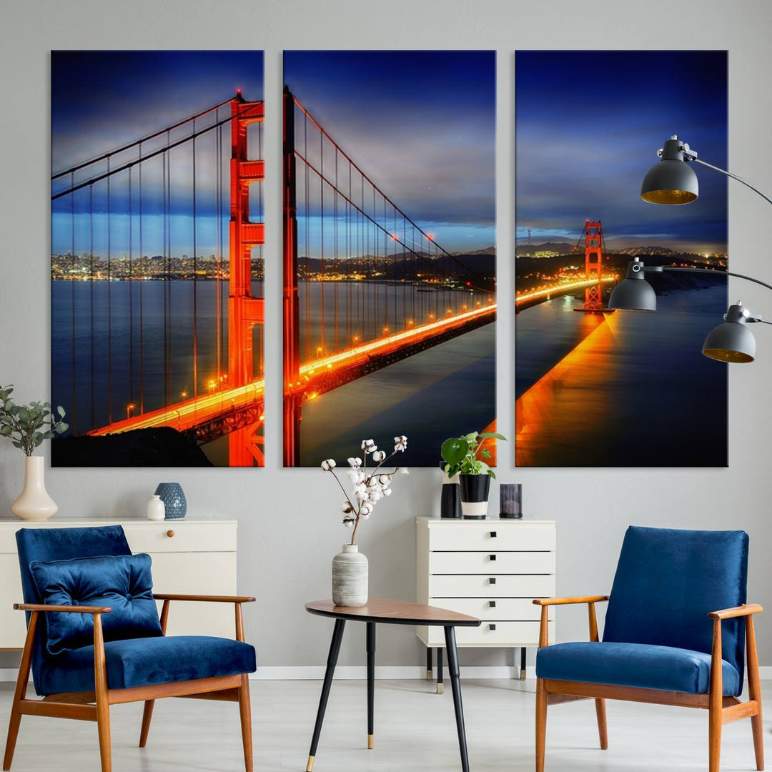 A large wall art San Francisco canvas print of the Golden Gate Bridge at twilight is displayed on a porch.