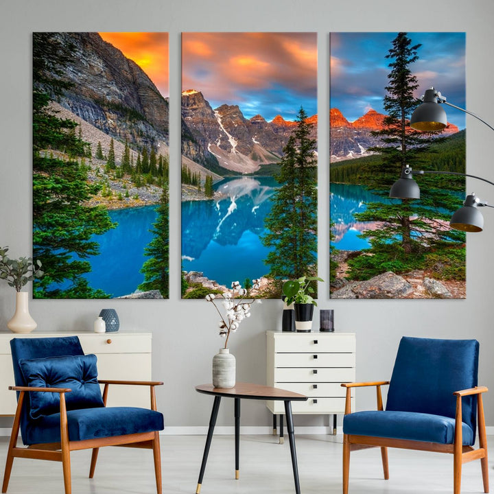 A kitchen featuring a Canadian Rockies Moraine Lake Wall Art Canvas Print displayed on the wall.