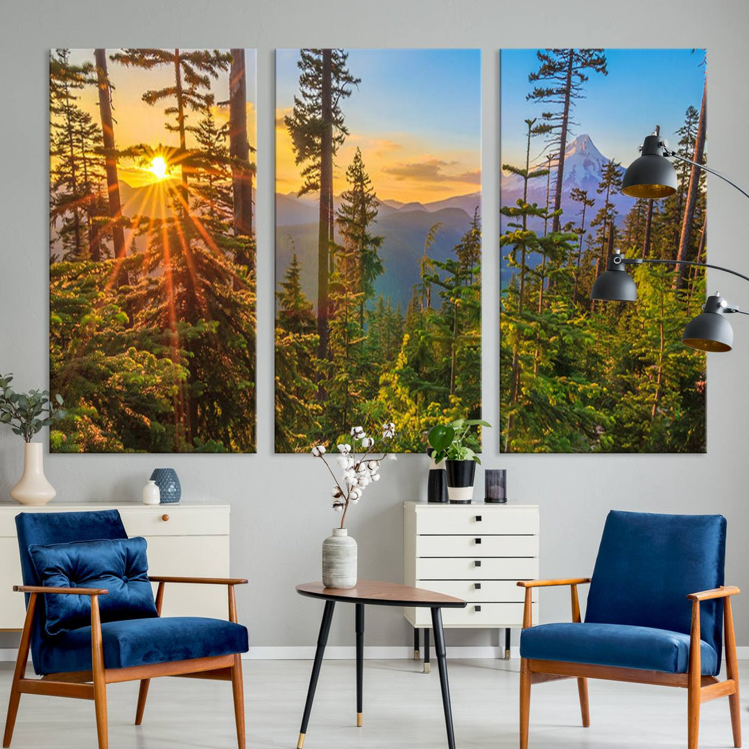 The kitchen features a Red Leaves on Trees landscape canvas print, perfect for nature lovers.