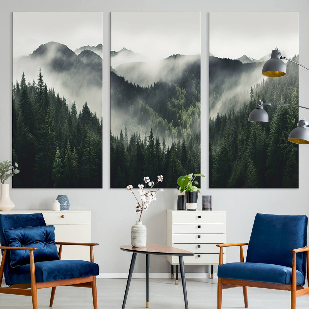 The Misty Forest Canvas Print Wall Art captures a serene misty forest scene with fog and mountains.