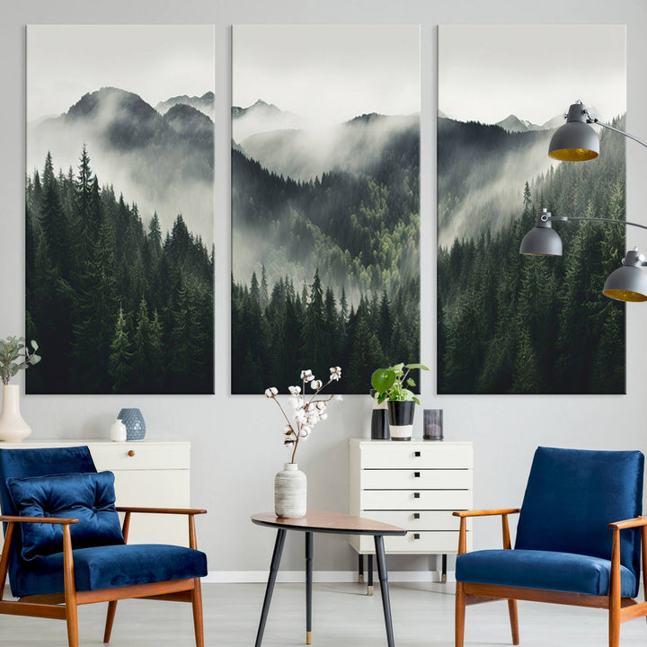 Serene and mystical landscape of misty mountains and dense evergreens, ideal for a Misty Mountain Forest Canvas Wall Art Print.