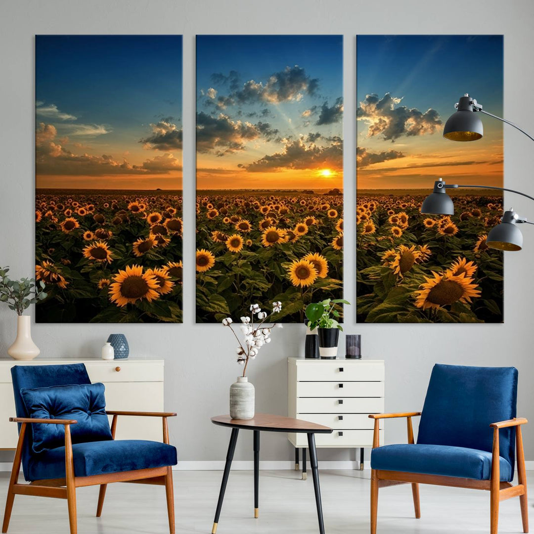 The dining area features the Sunflower Field Sunset Wall Art Canvas Print.