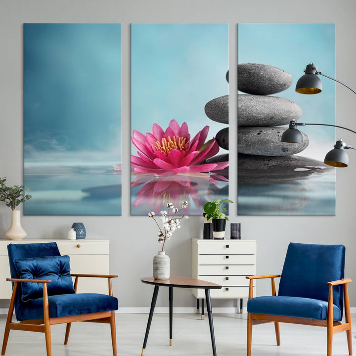 The dining room features a Zen Serenity Triptych wall art, showcasing a calming depiction of lotus flowers and balancing stones.