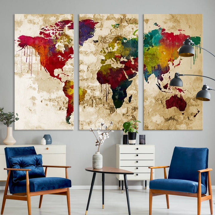 Wall Art World Map Canvas Print Rainbow Colored Vintage Style World Map