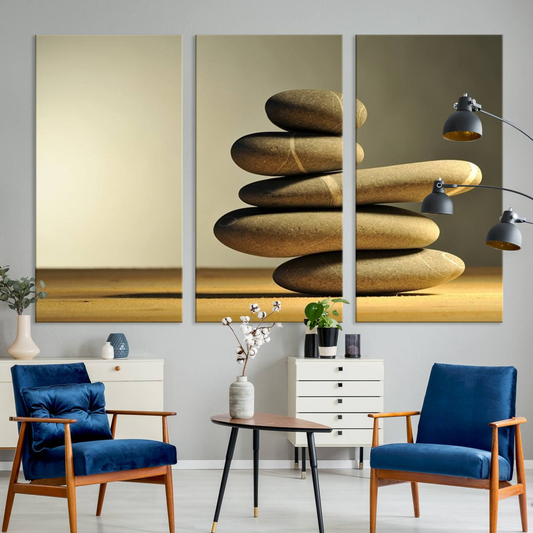 The Yellow Zen Stones on Yellow Background Wall Art is a striking feature in this minimalist kitchen.