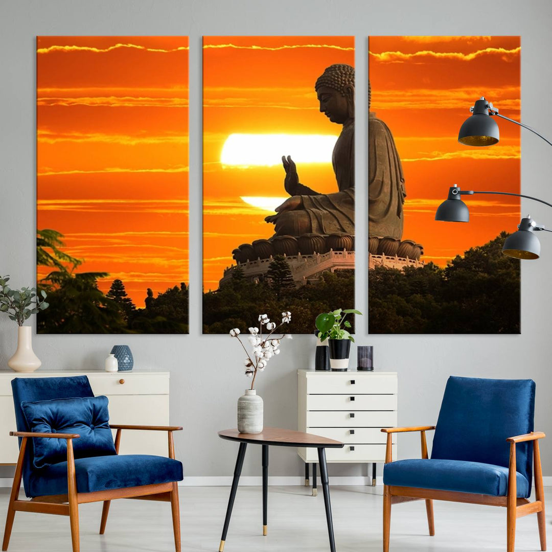 The Buddha Statue at Sunset canvas print adds serenity to the space.