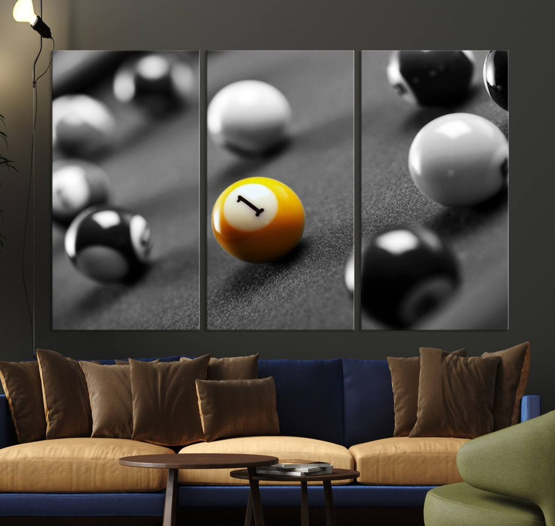 The Black and White Concept Billiard Balls Canvas Print elevates the space with museum-quality charm.