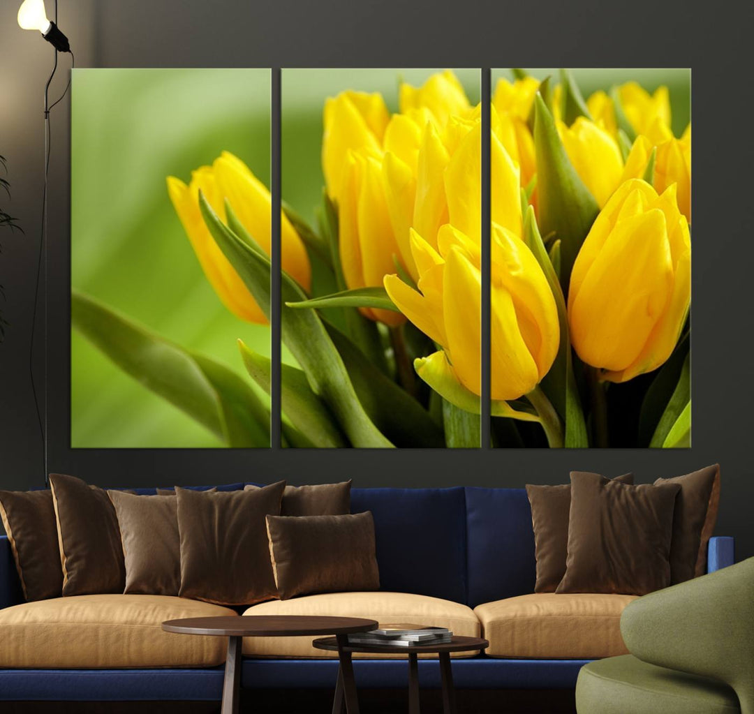 The Wall Art Yellow Tulips Canvas Print on a green background is featured.