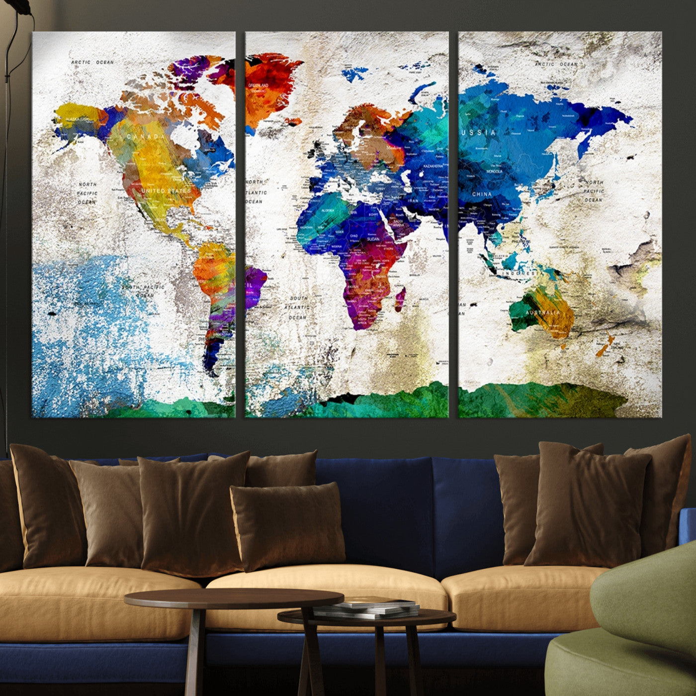 MGV-CV-48X32-3P - Push Pin World Map Canvas Print – Framed Wall Art for Couples to Track Their Travels – Anniversary