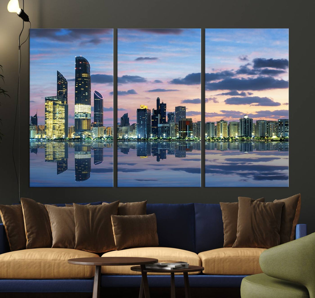 A gallery-quality wall art canvas print captures the Dubai city skyline with skyscrapers reflected in water at sunset.