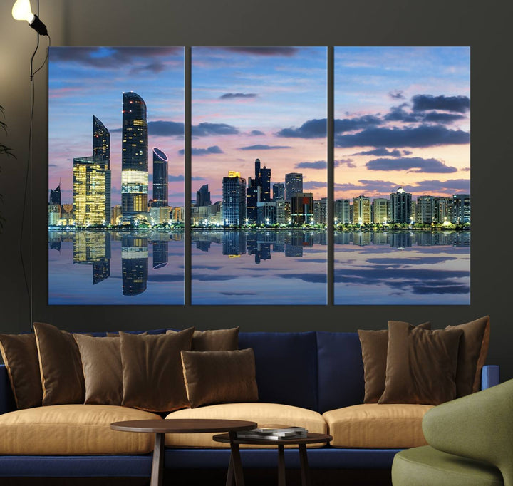 A gallery-quality wall art canvas print captures the Dubai city skyline with skyscrapers reflected in water at sunset.