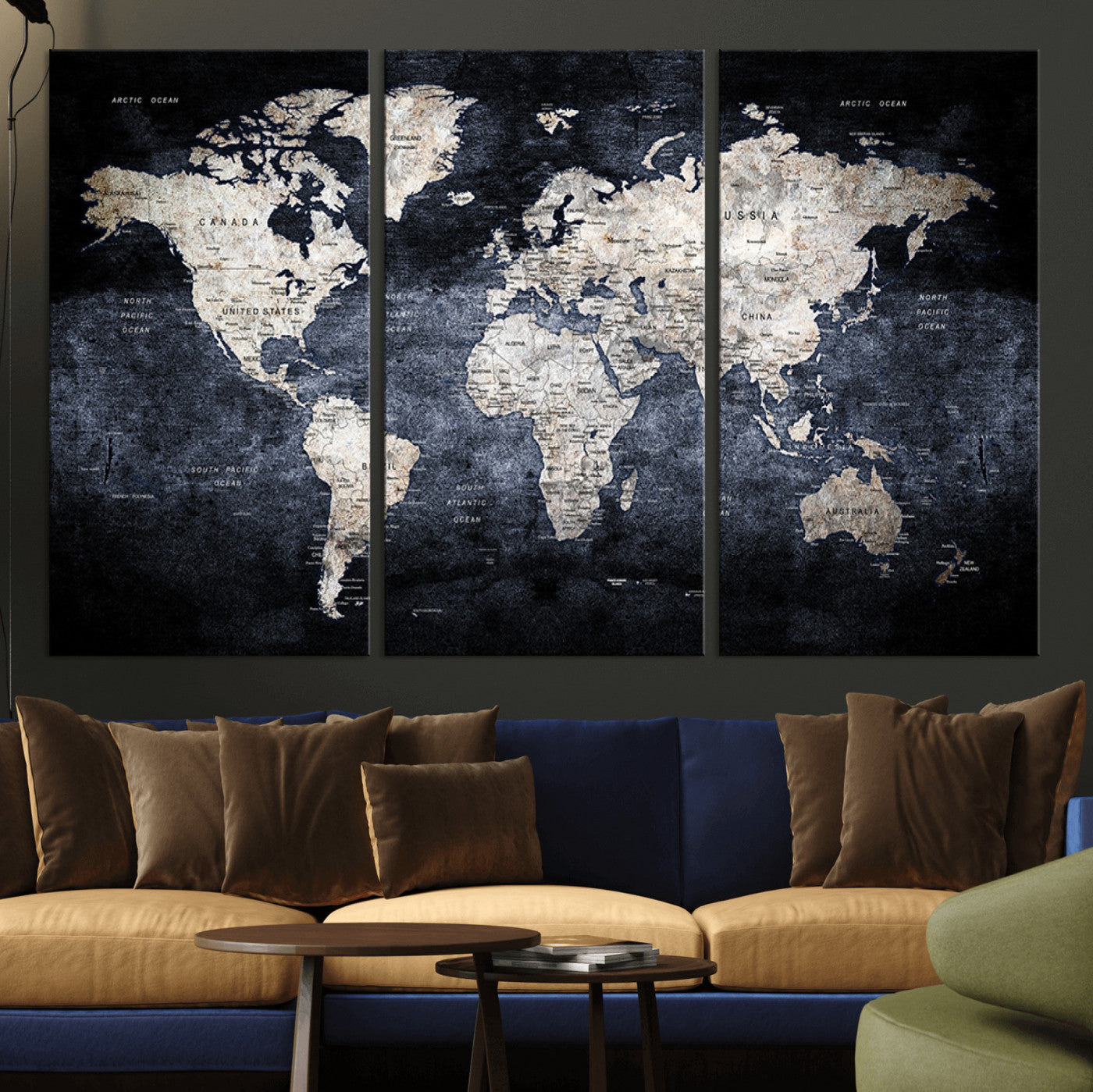 82598-MGV-CV-36X24-Modern Dark World Map Canvas Print – Framed Push Pin Wall Art, Elegant Travel Map Decoration for Home Office or Living Room Decor