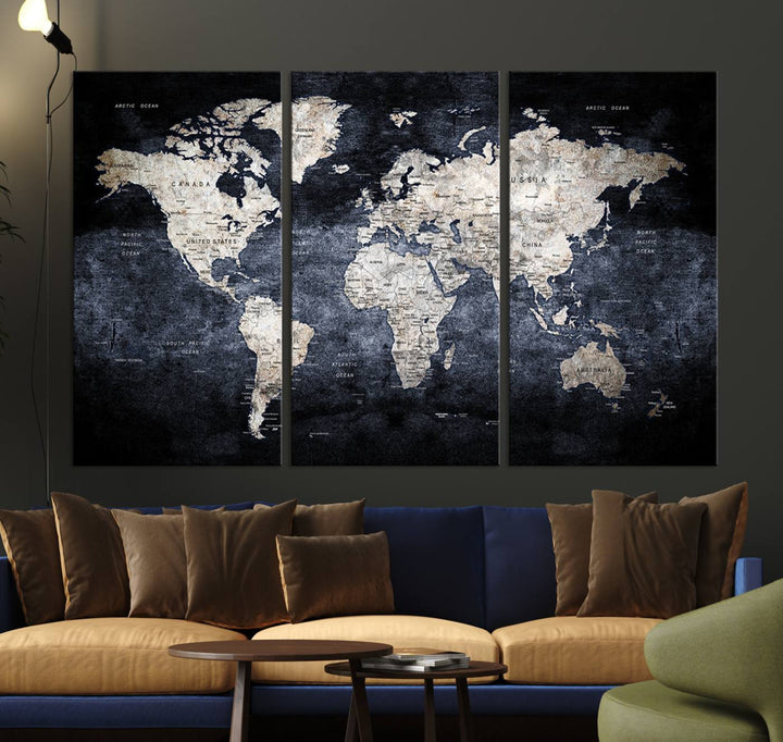 Rustic Black and Bronze World Map Canvas Triptych features white continents on a grunge-stained background.