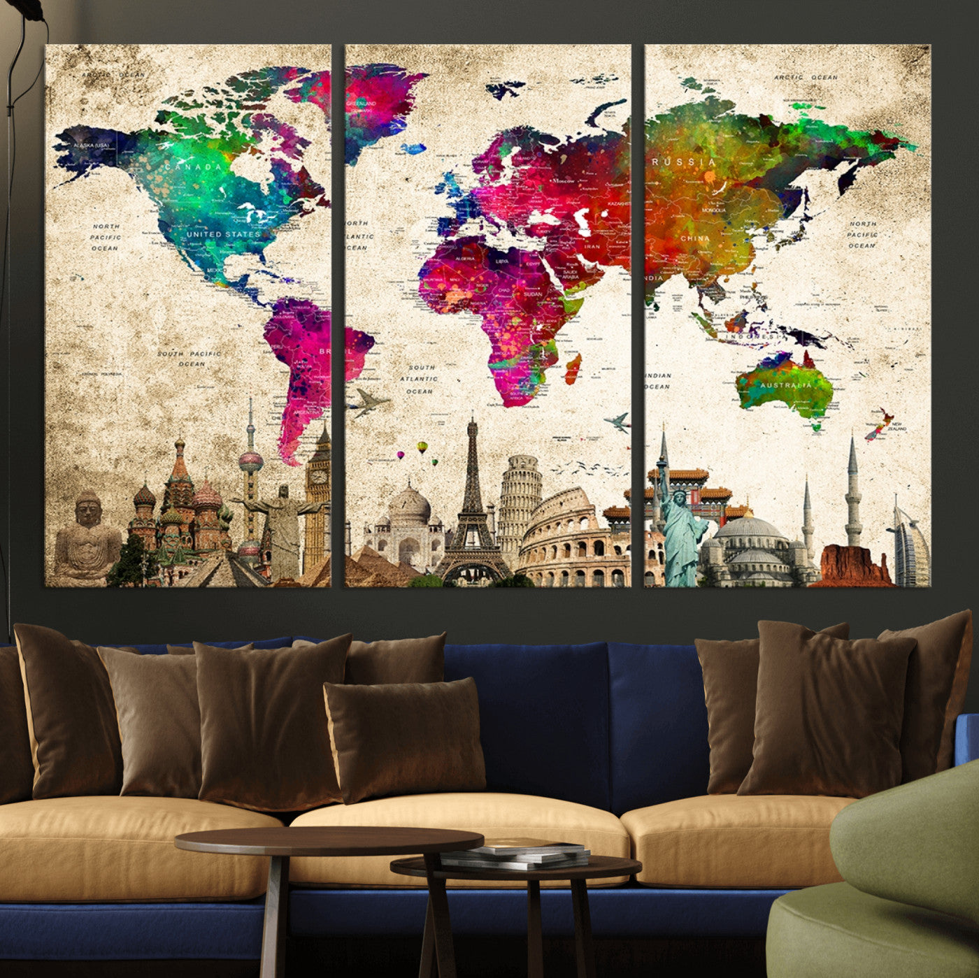 MGV-CV-48X32-3P - Push Pin World Map Canvas Print – Framed Wall Art for Couples to Track Their Travels – Anniversary