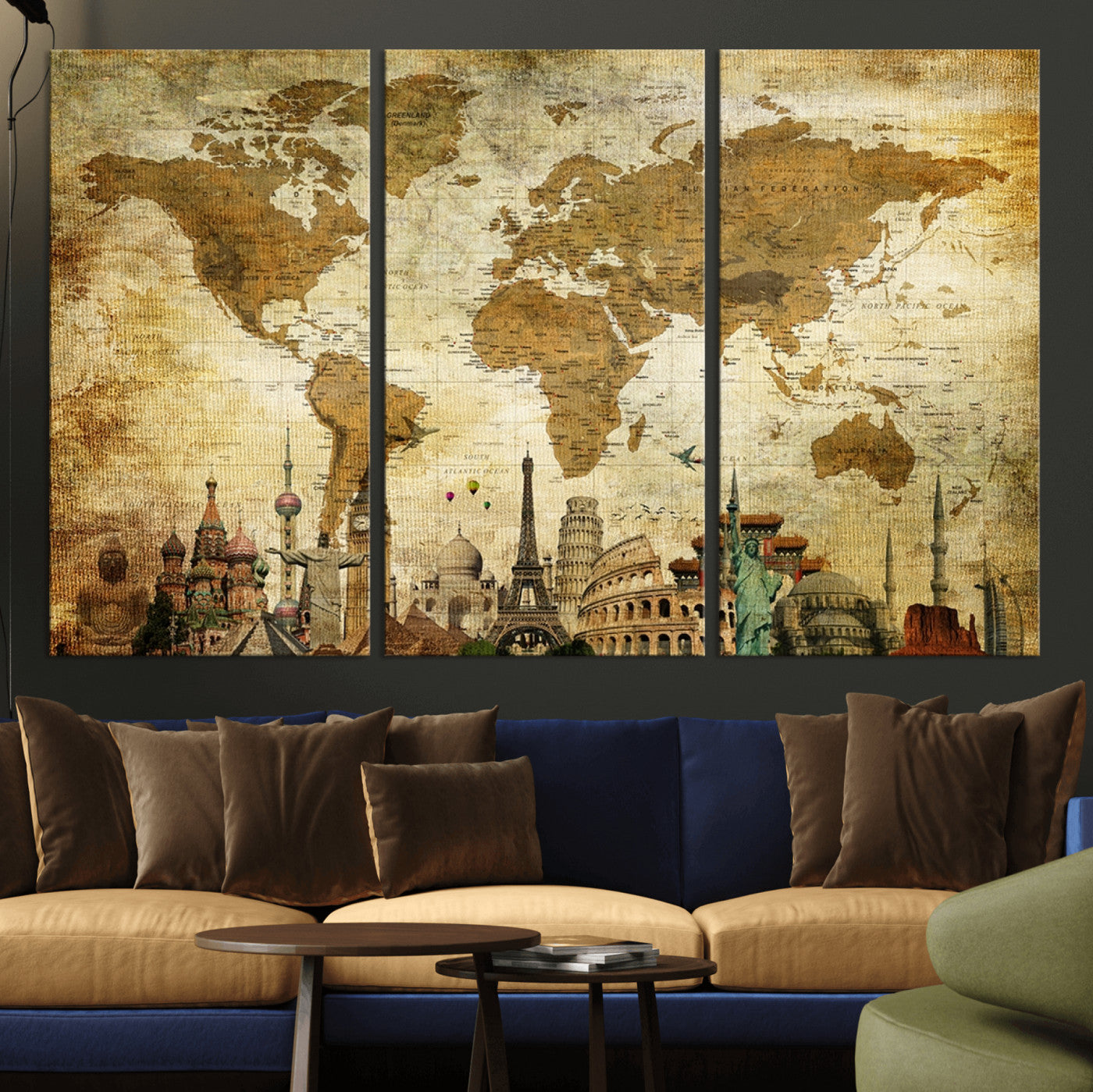 97849-MGV-CV-36X24-Vintage World Map Canvas Wall Art – Framed Push Pin Travel Map with Famous Landmarks, Rustic Home and Office Decor Artwork for Travelers