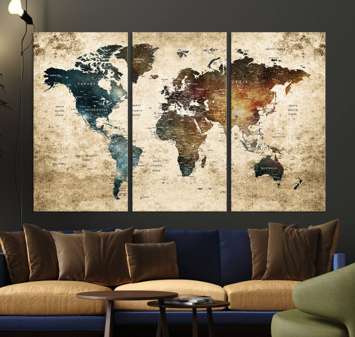 Vintage World Map Canvas Wall Art, perfect for antique-style decor, displayed against a light wood wall.