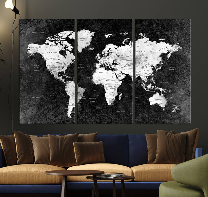 The dining room features a Modern Grayscale World Map 3-Panel Canvas Art as its focal point.