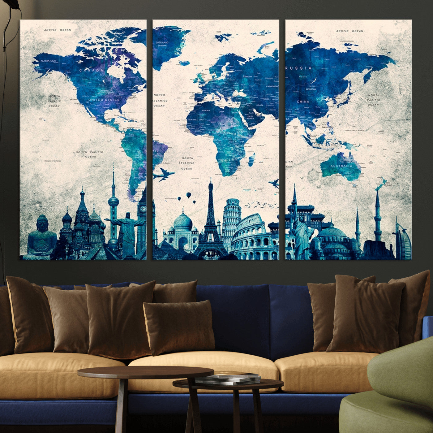 13588-MGV-CV-36X24-Navy Blue World Map Canvas Print – Framed Push Pin Travel Map Wall Art, Elegant Adventure Decor for Home or Office