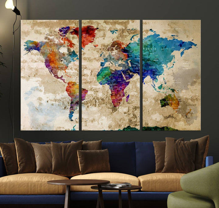 An Abstract Large Watercolor World Map Canvas Print hangs prominently.