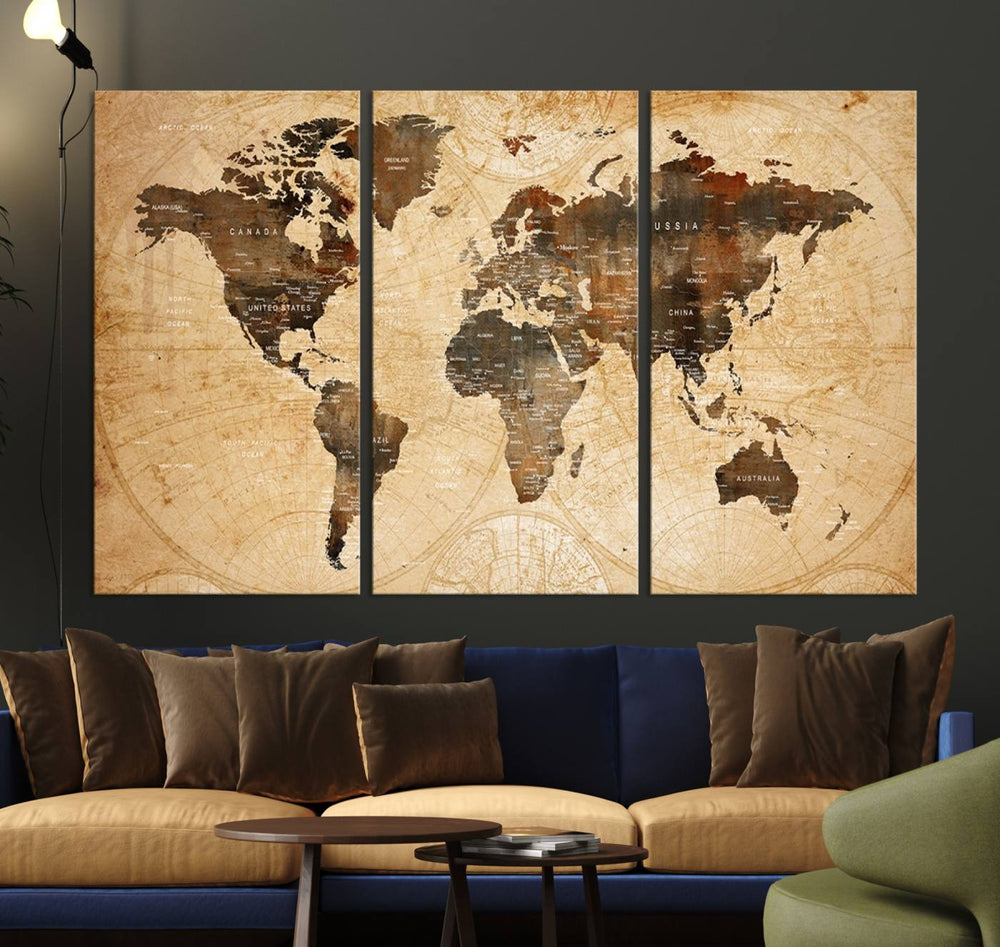 Vintage World Map: 3-Panel Canvas Print in antique rustic style. Framed and gallery wrapped. Ideal for decor.