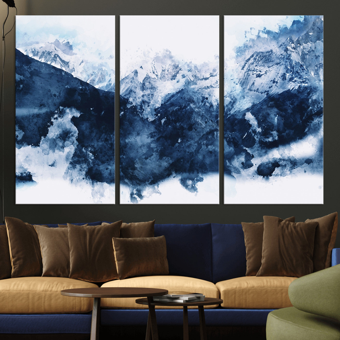 81700-MGV-CV-36X24-Abstract Blue Mountain Canvas Wall Art – Modern Triptych Landscape Print – Contemporary Nature Decor for Living Room or Office – Ready to