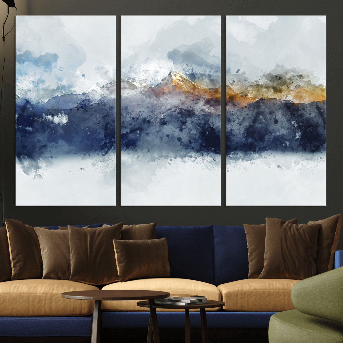 89149-MGV-CV-36X24-Abstract Mountain Range Art Canvas Print | 3 Panel Watercolor Landscape for Living Room, Office, or