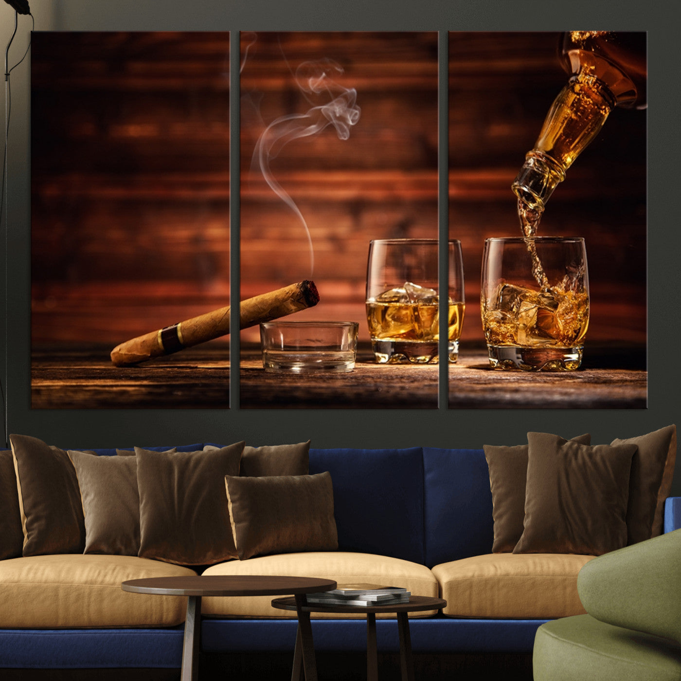MGV-CV-48X32-3P - Whiskey and Cigar Wall Art Canvas | 3 Panel Bar Room Decor for Home Lounge, Office, or Man Cave |