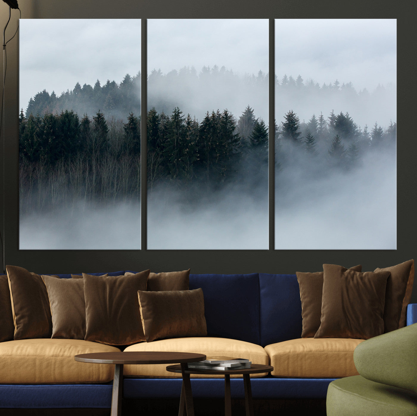 MGV-CV-48X32-3P - Autumn and Misty Trees in the Forest Wall Art Canvas Print, Foggy Forest Mountain Wall Art Canvas