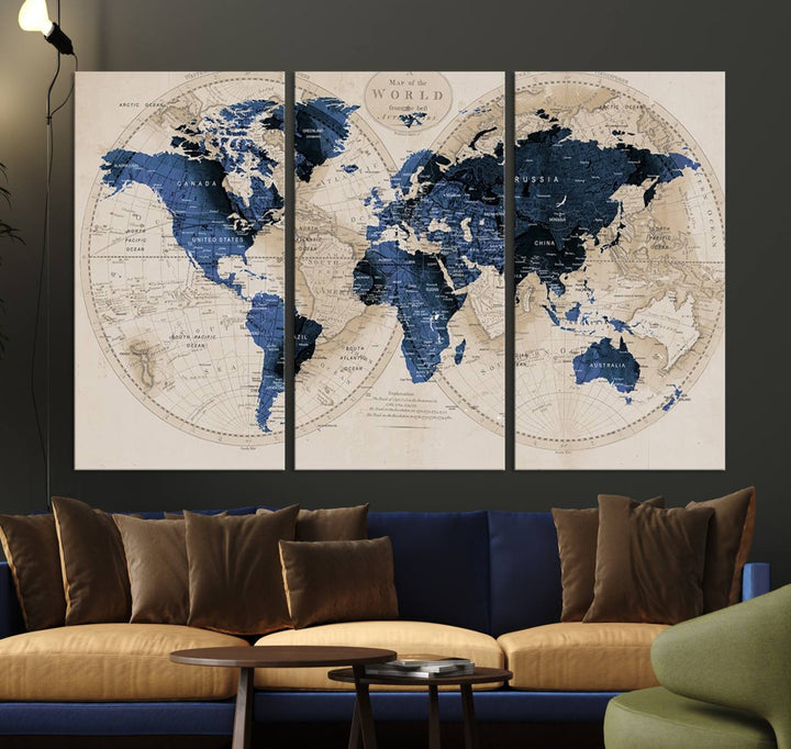 The Vintage Triptych Map Print is a grunge-stained blue and beige world map, perfect for enhancing wall decor.