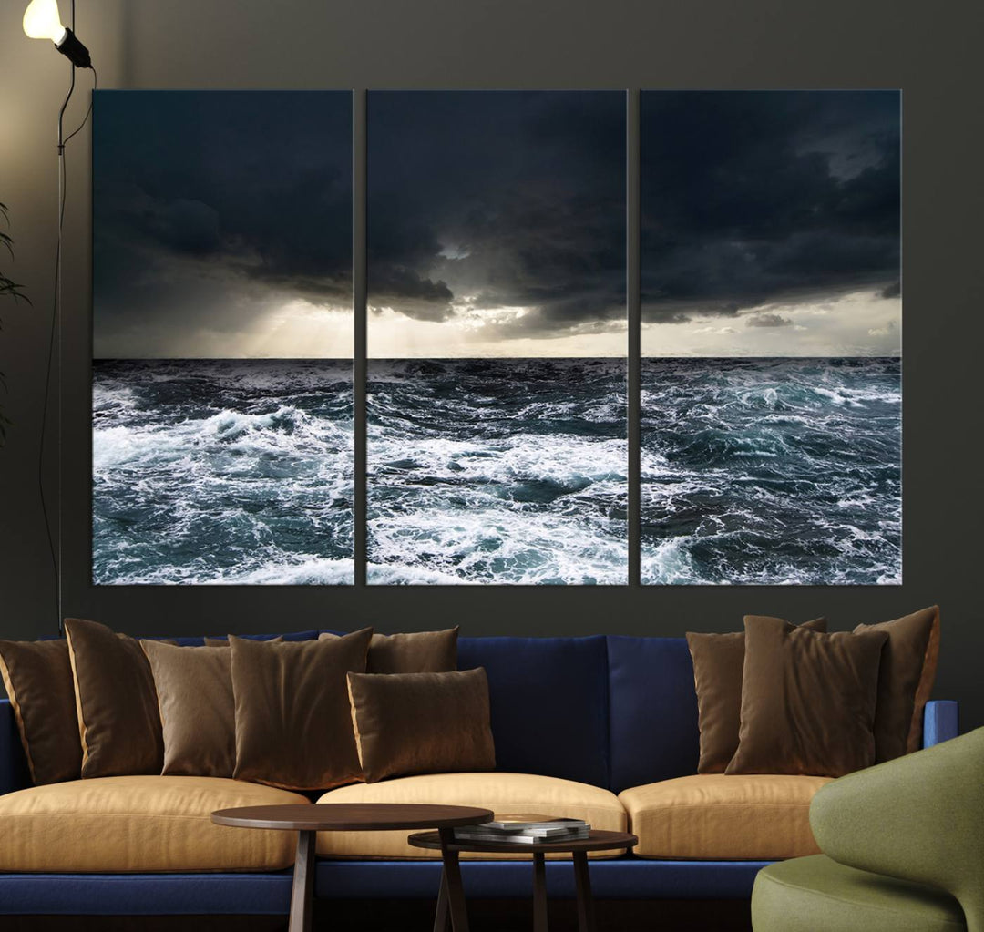 A Dark Clouds Stormy Sea canvas print, ready to hang, enhances the room.