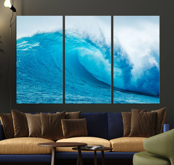 A museum-quality canvas depicting a vibrant blue ocean wave with white foam under a clear sky.