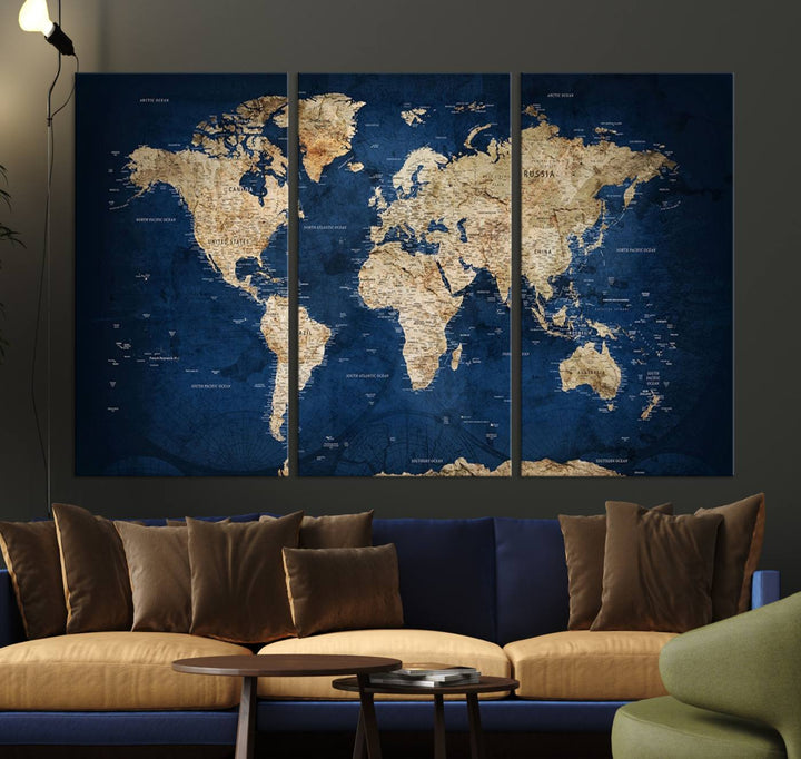 Classic Vintage Blue World Map Canvas Print featuring beige continents against a deep blue background.