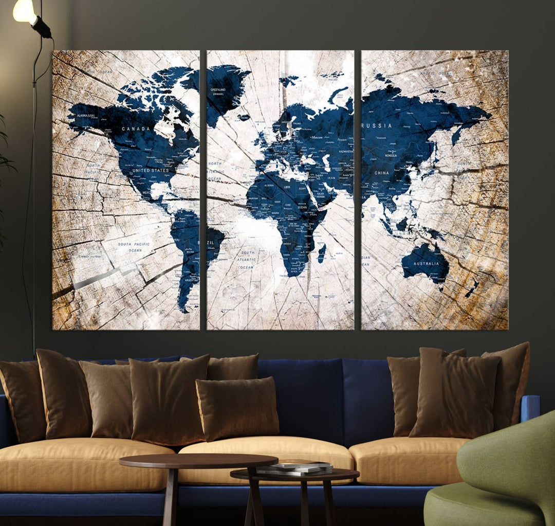 The Vintage World Map on Grunge Background Canvas serves as the focal point of the room.