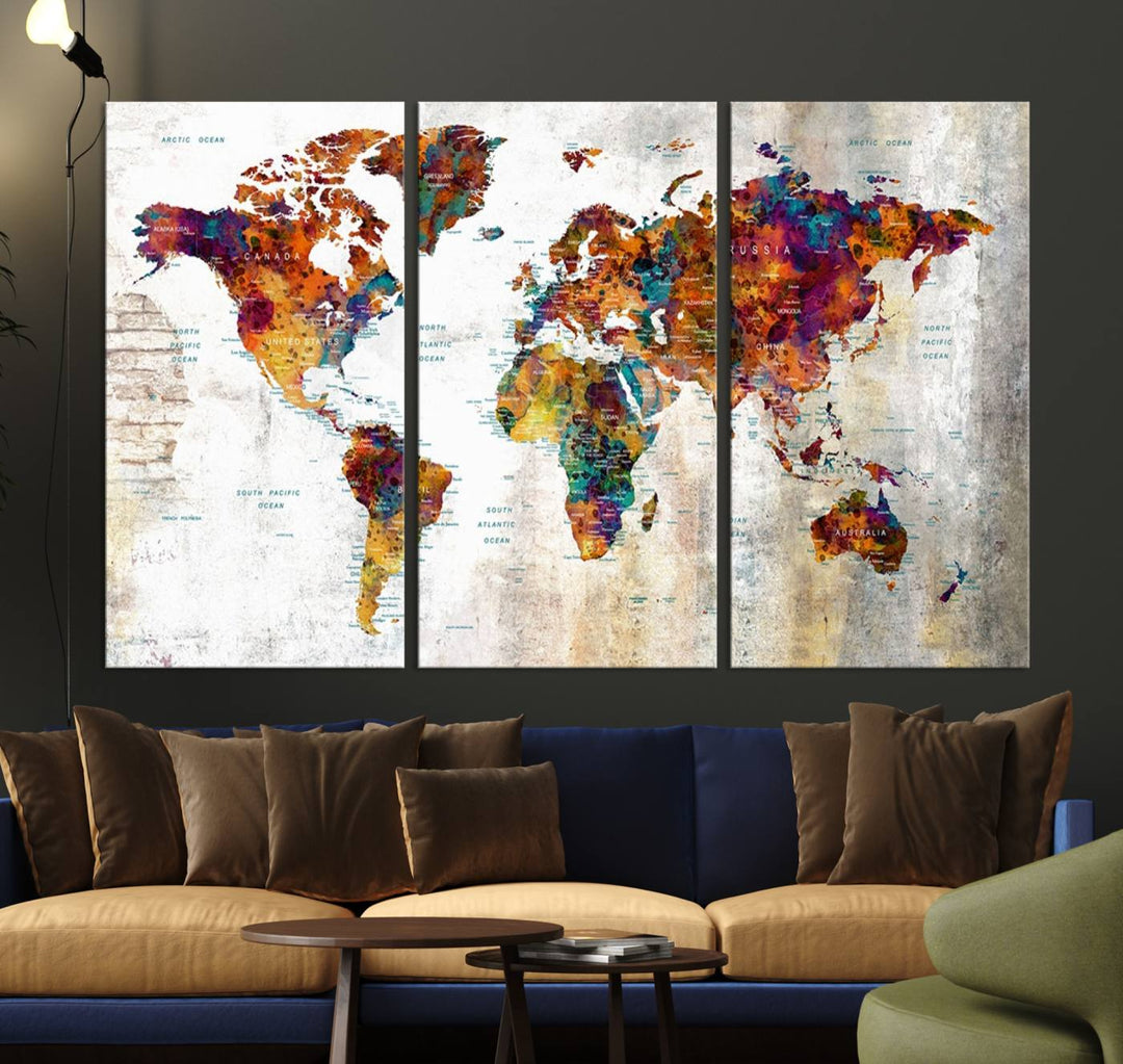 A vibrant Grunge Map Canvas Wall Art Set (3 Panels) for home or office decor, perfect for travel enthusiasts.