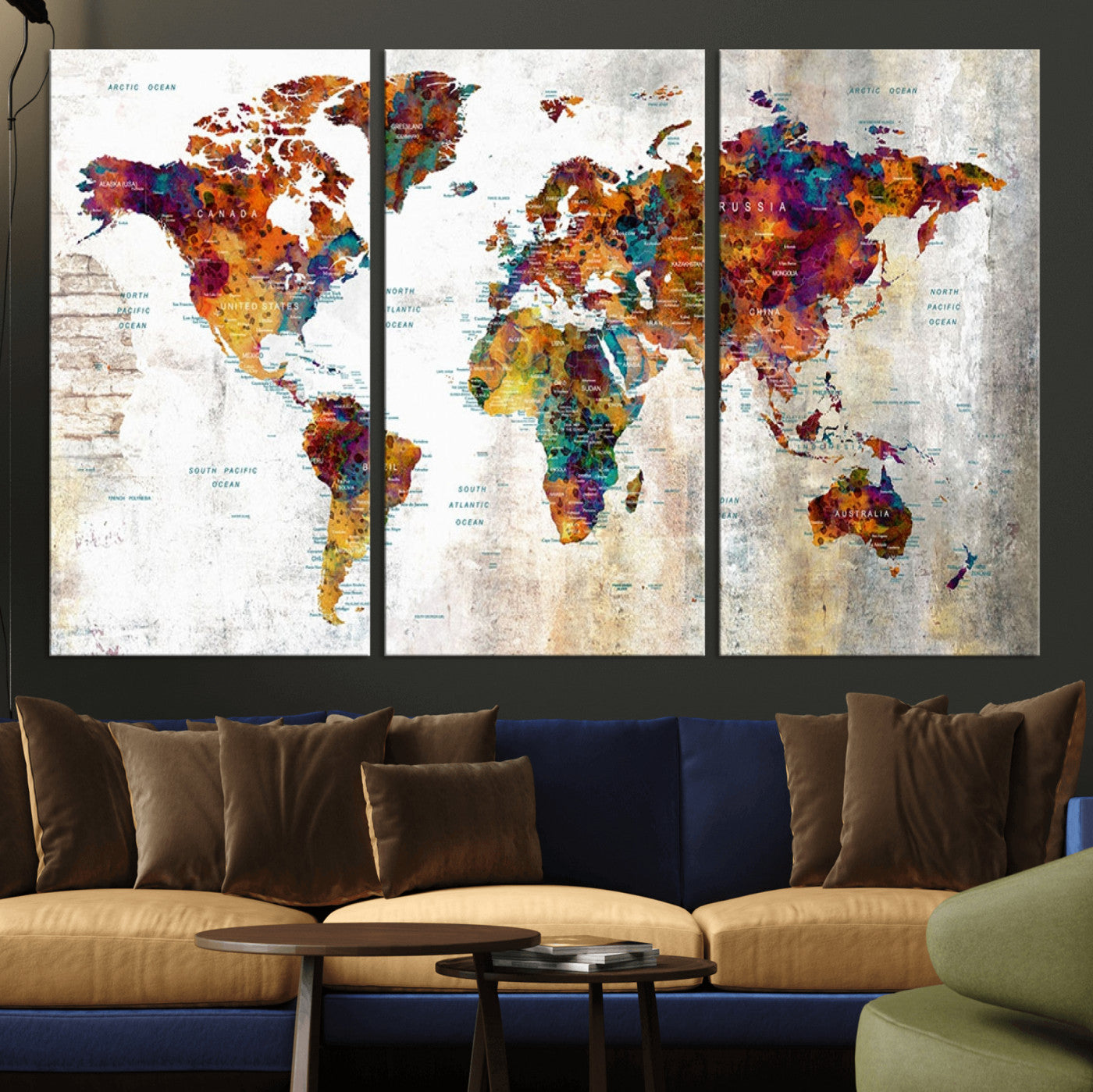 MGV-CV-48X32-3P - Push Pin World Map Canvas Print – Framed Wall Art for Couples to Track Their Travels – Anniversary