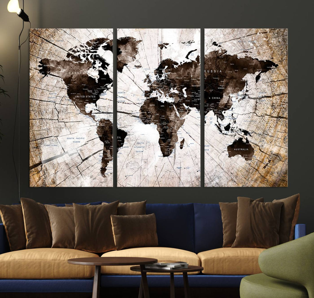 The Tree Ring World Map Canvas hangs above the table, blending into the nature-inspired setting.