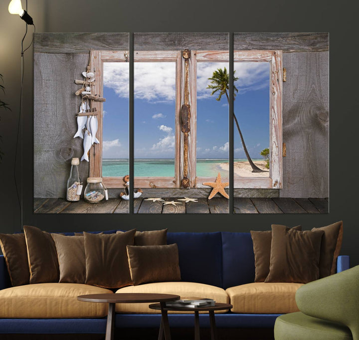 The Window Wall Art Relaxing Beach features seashells and a rustic window frame.