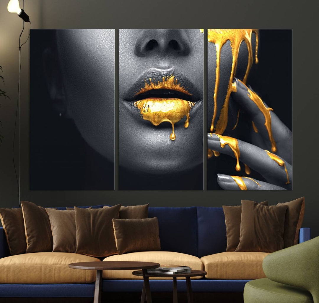 The Gold Lips and Black Woman Makeup Canvas Print features a chic monochrome face design, making it ideal for a modern dining room.