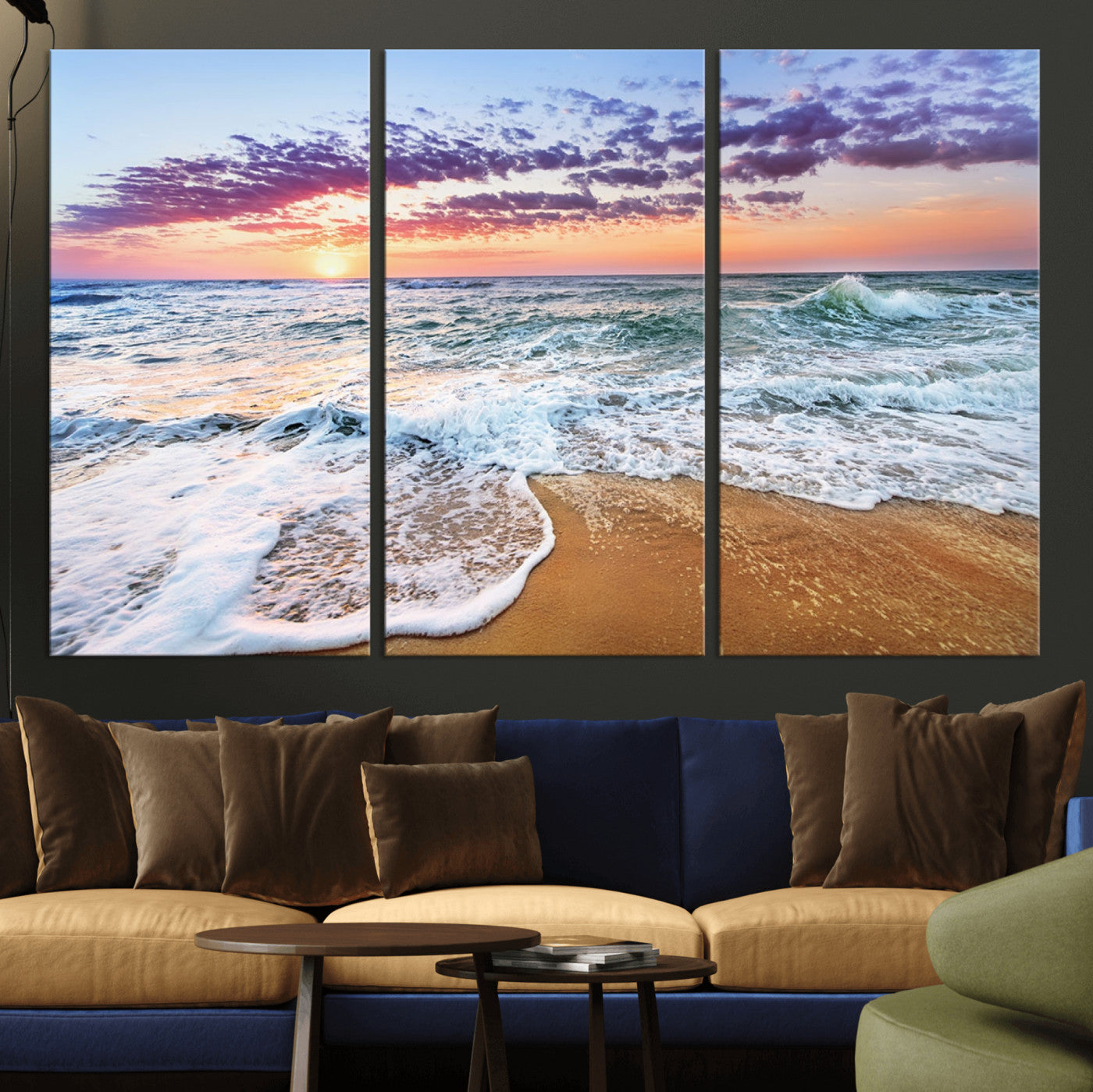 MGV-CV-48X32-3P - Coastal Sunset Art Beach Canvas Wall Art Print | Ocean Waves Wall Art | Large 3-Panel Seascape for