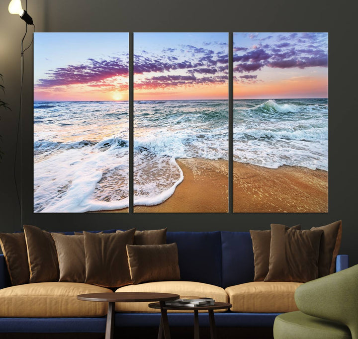 The Tropical Beach Waves Art Print, depicting an ocean sunset and sandy shore, enriches the coastal decor of the dining area.