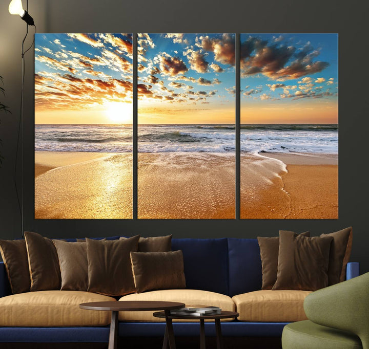 A gallery-wrapped canvas titled Soothing Sunset on Calm Beach is featured.